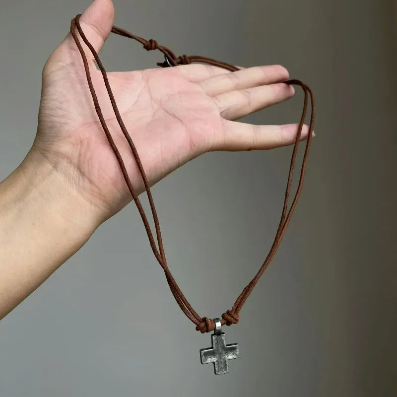 1/2Pcs Fashion PU Leather Rope Cross Necklace Adjustable Long Choker Collar Pendant Necklace Women Men Metal Hangings Necklace