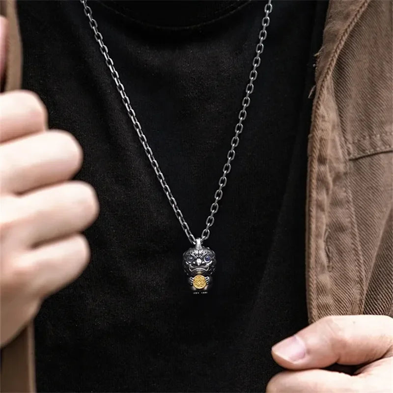 Ethnic Chinese Style Retro Silver Color Two Color Gold Coins Pixiu Pendant Necklace Men's Domineering Daily Versatile Necklace