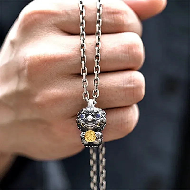 Ethnic Chinese Style Retro Silver Color Two Color Gold Coins Pixiu Pendant Necklace Men's Domineering Daily Versatile Necklace