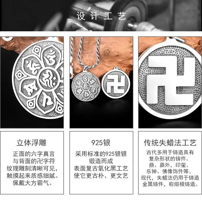 Sterling Silver Buddhist Swastika Pendant Six Sacred Mantras Necklace Round Zodiac Charm Unisex Spiritual Jewelry Lucky Charms