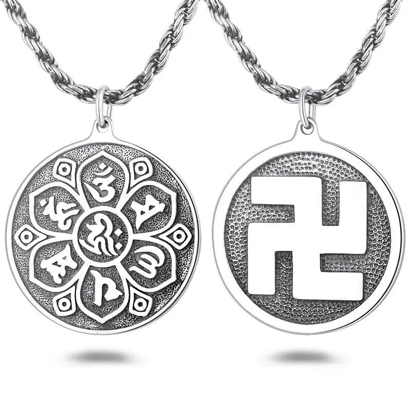 Sterling Silver Buddhist Swastika Pendant Six Sacred Mantras Necklace Round Zodiac Charm Unisex Spiritual Jewelry Lucky Charms